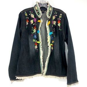 New Direction Floral Embroidered Black Denim Jacket Vintage Fringe Small